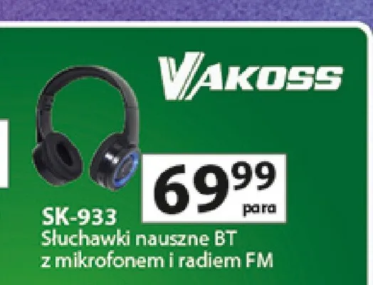 Słuchawki nauszne BT z mikrofonem i radiem FM Vakoss SK-933 promocja w Auchan