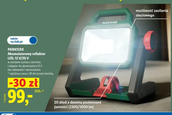 Akumulatorowy reflektor LED Parkside 12V/20V promocja w Lidl