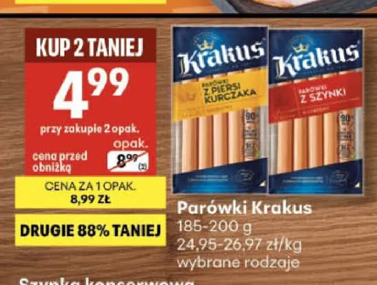 Parówki z piersi kurczaka Krakus promocja w Delikatesy Centrum