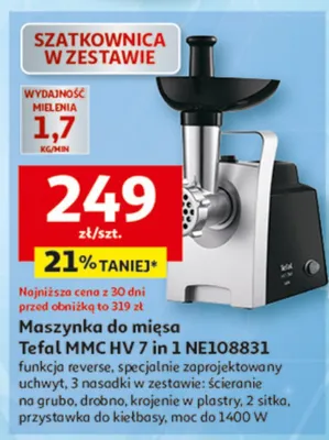 Maszynka do mięsa Tefal MMC HV 7 in 1 NE108831 funkcja reverse, specjalnie zaprojektowany uchwyt, 3 nasadki w zestawie: ścieranie na grubo, drobno, krojenie w plastry, 2 sitka, przystawka do kiełbasy, moc do 1400 W promocja w Auchan