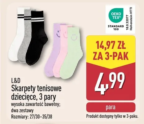 Skarpety tenisowe dziecięce L&D 3-pak promocja w Aldi