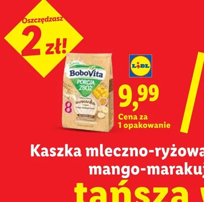 Kaszka mleczno-ryżowa Porcja Zbóż Bobovita mango-marakuja-banan promocja w Lidl