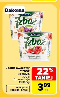 Jogurt owocowy 7 Zbóż Bakoma z malinami promocja w Carrefour Market