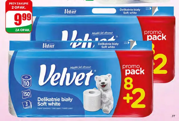 Papier toaletowy Velvet Delikatnie biały Soft white 8+2-pak promocja w Dino