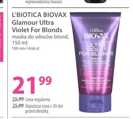 Maska do włosów blond L'biotica Biovax Glamour Ultra Violet For Blonds promocja w Hebe