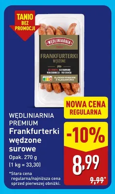 Frankfurterki wędzone surowe Wędliniarnia Premium promocja w Aldi