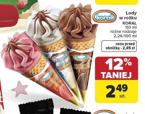 Lody w rożku Koral promocja w Carrefour