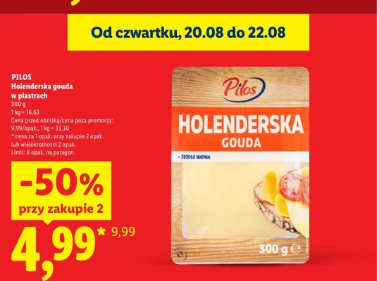 Ser żółty Holenderska gouda w plastrach Pilos promocja w Lidl