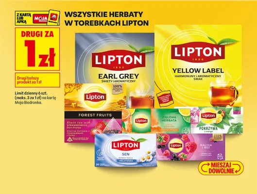 Wszystkie herbaty w torebkach Lipton DRUGA ZA 1 ZŁ promocja w Biedronka