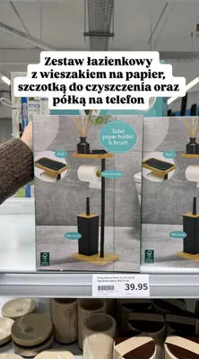 Zestaw łazienkowy z wieszakiem na papier, szczotką do czyszczenia oraz półką na telefon 66x21cm promocja w Action
