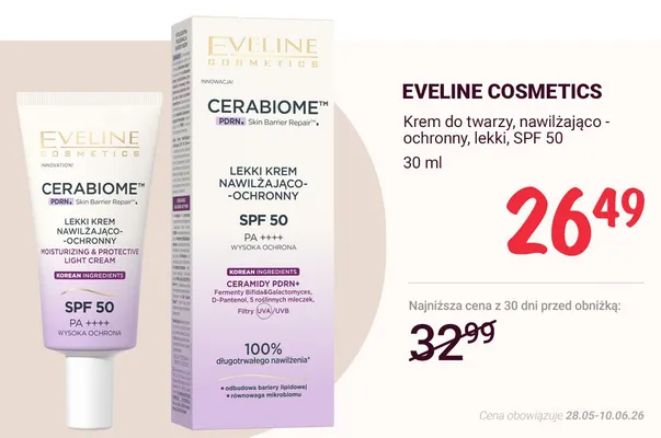 Krem do twarzy nawilżająco-ochronny lekki Eveline Cosmetics Cerabiome SPF 50 promocja w Rossmann