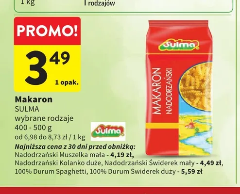 Makaron Sulma 100% Durum Świderek duży promocja w Intermarche