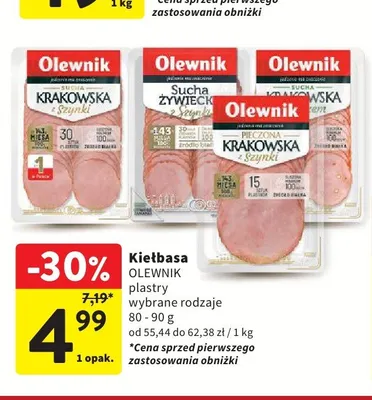 Kiełbasa krakowska z pieprzem plastry Olewnik 80-90g promocja w Intermarche