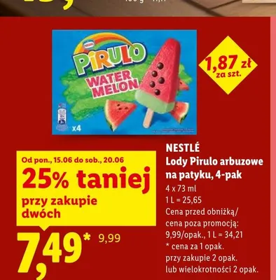 Lody Pirulo arbuzowe na patyku Nestlé 4-pak promocja w Lidl