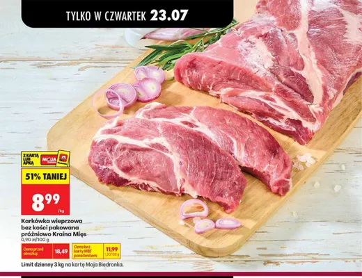Karkówka wieprzowa bez kości pakowana próżniowo Kraina Mięs promocja w Biedronka