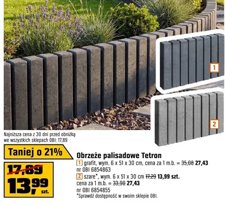 Obrzeże palisadowe Tetron - szare*, wym. 6 x 51 x 30 cm promocja w OBI