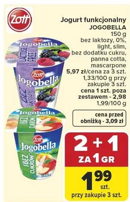 Jogurt funkcjonalny Jogobella Zott bez laktozy 0% promocja w Carrefour Market