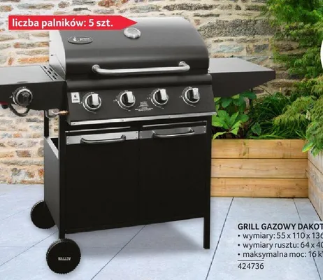 Grill gazowy Dakota 55x110x136cm, wymiary rusztu: 64x40cm, moc: 16kW, 5 palników, 424736 promocja w Selgros