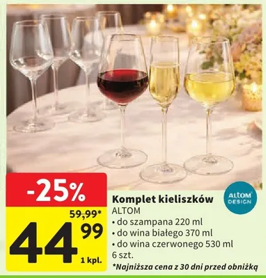 Komplet kieliszków do szampana 220 ml, do wina białego 370 ml, do wina czerwonego 530 ml 6 szt. promocja w Intermarche