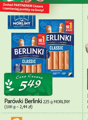 Parówki Berlinki Morliny promocja w CEZAR Delikatesy