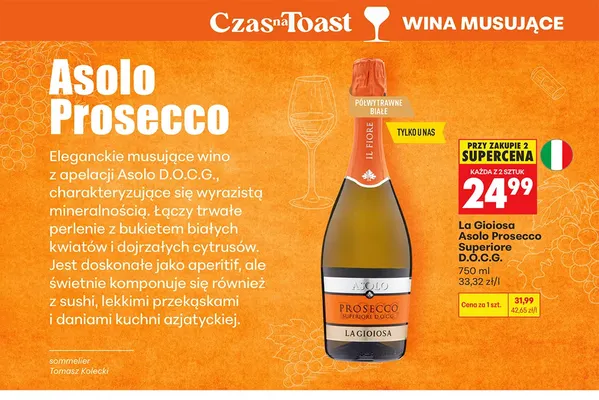 Wino musujące La Gioiosa Asolo Prosecco Superiore D.O.C.G. promocja w Biedronka