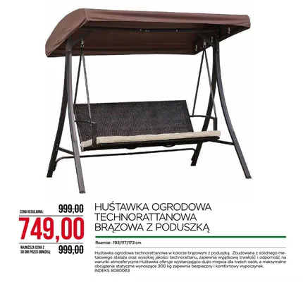 Huśtawka ogrodowa technorattanowa brązowa z poduszką 193/117/173cm promocja w Abra Meble