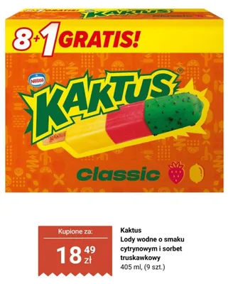 Lody wodne o smaku cytrynowym i sorbet truskawkowy Kaktus Classic 9-pak promocja w Biedronka