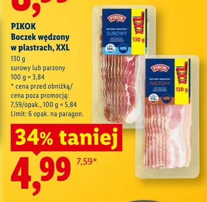 Boczek wędzony w plastrach XXL parzony PIKOK promocja w Lidl