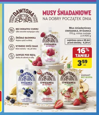 Mus śniadaniowy owsianka bez dodatku mleka Dawtona truskawki jabłka promocja w Carrefour
