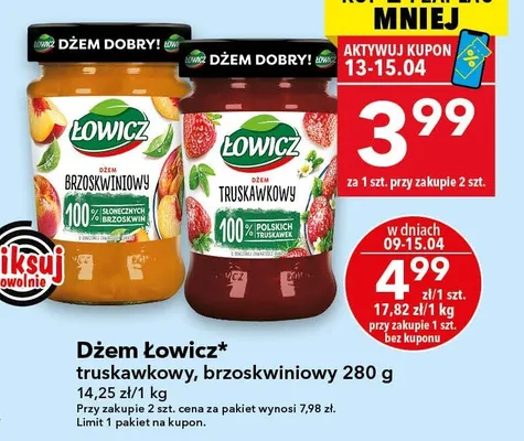 Dżem Łowicz truskawkowy, brzoskwiniowy promocja w LEWIATAN