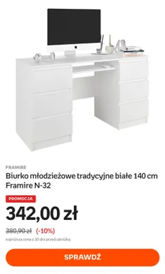Biurko młodzieżowe tradycyjne białe 140 cm Framire N-32 promocja w Empik