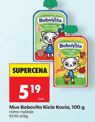 Mus BoboVita Kicia Kocia jabłko banan i pyszne jagody promocja w Biedronka