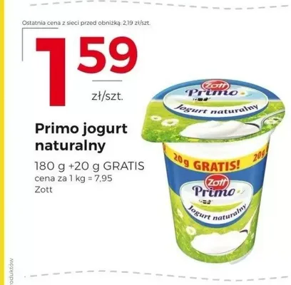 Jogurt naturalny Zott Primo 180g + 20g GRATIS promocja w Frac