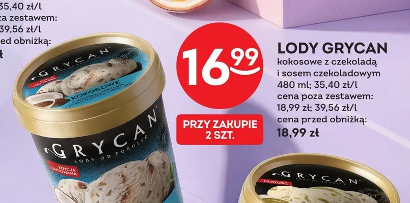 Lody Grycan kokosowe z czekoladą i sosem czekoladowym promocja w Żabka