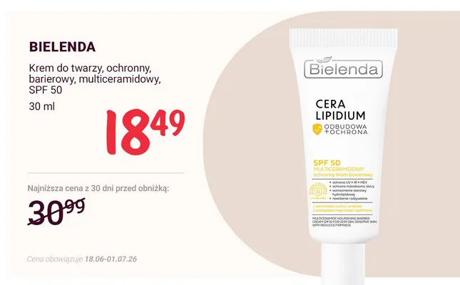 Krem do twarzy ochronny barierowy multiceramidowy Bielenda Cera Lipidium SPF 50 promocja w Rossmann