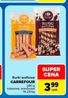Rurki waflowe z kremem o smaku kakaowym Carrefour Classic promocja w Carrefour Market