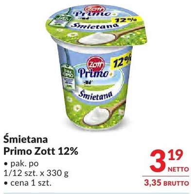 Śmietana Primo Zott 12% promocja w Makro