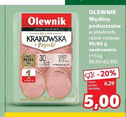 Wędliny podsuszane w plastrach Krakowska z Szynki Olewnik promocja w Kaufland