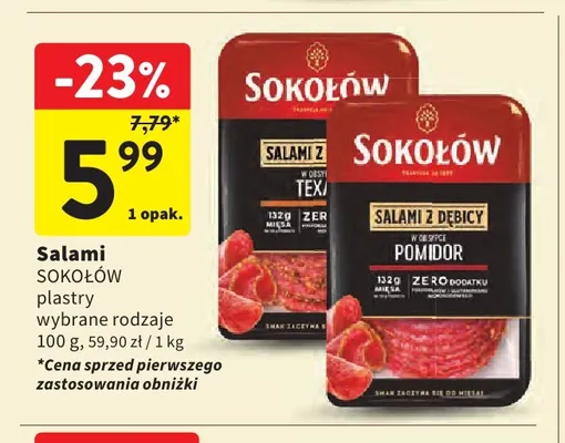 Salami w obsypce Texas w plastrach Sokołów promocja w Intermarche