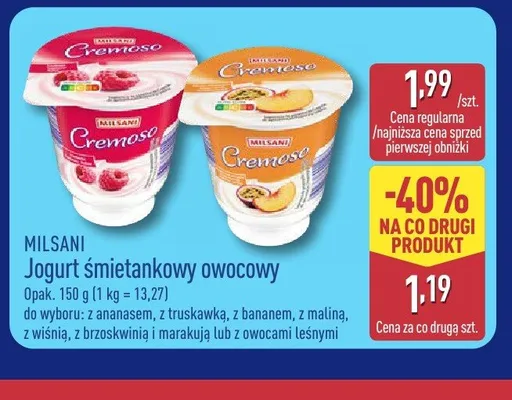 Jogurt śmietankowy owocowy z owocami leśnymi Milsani promocja w Aldi