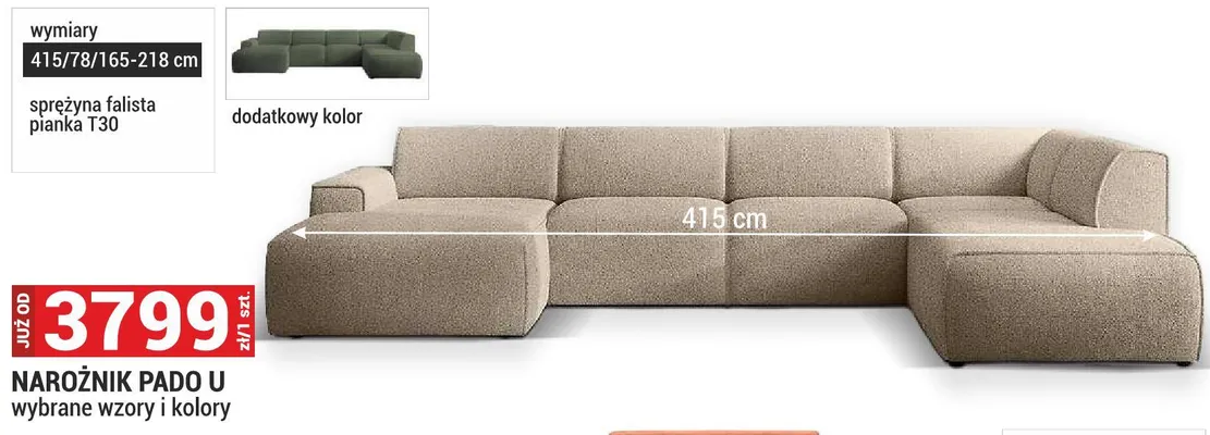 Narożnik Pado U wybrane wzory i kolory 415/78/165-218cm sprężyna falista pianka T30 promocja w Merkury Market