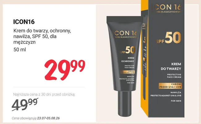 Krem do twarzy ochronny nawilżający ICON16 SPF 50 dla mężczyzn promocja w Rossmann