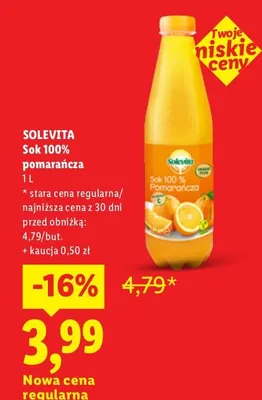 Sok 100% pomarańcza Solevita promocja w Lidl