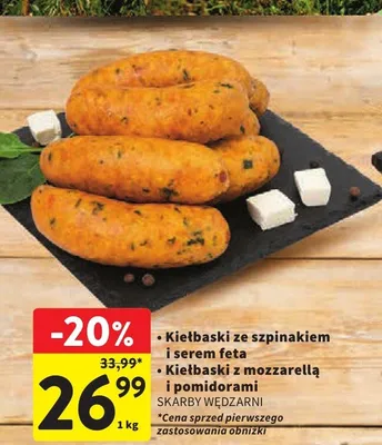 Kiełbaski ze szpinakiem i serem feta Skarby Wędzarni promocja w Intermarche