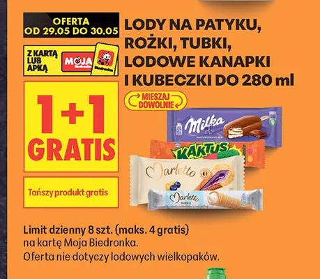 Lody na patyku, rożki, tubki, lodowe kanapki i kubeczki do 280ml promocja w Biedronka