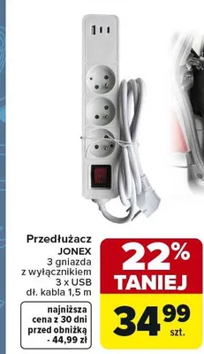 Przedłużacz 3 gniazda z wyłącznikiem 3x USB dł. kabla 1,5 m promocja w Carrefour