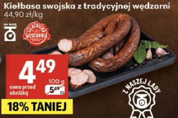 Kiełbasa swojska z tradycyjnej wędzarni promocja w Delikatesy Centrum