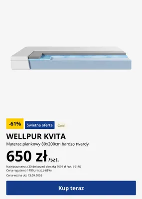 Materac piankowy Wellpur Kvita 80x200 cm bardzo twardy promocja w Jysk
