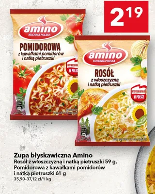 Zupa błyskawiczna pomidorowa z kawałkami pomidorów i natką pietruszki promocja w LEWIATAN