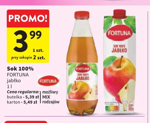 Sok jabłko w kartonie Fortuna 100% promocja w Intermarche